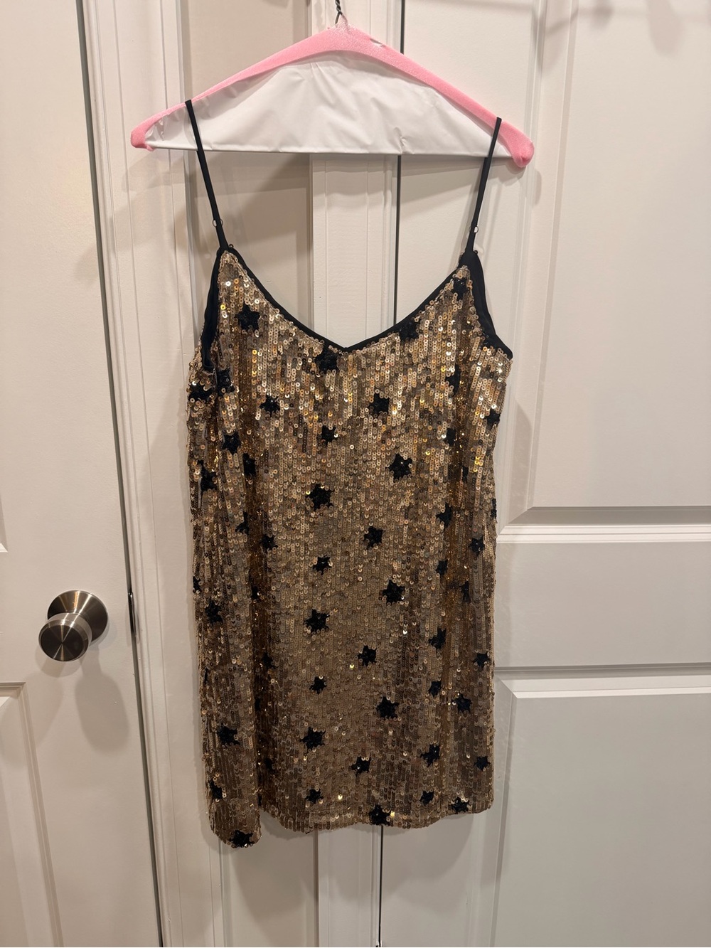 Lulu's Gold Sequin Slip Dress with Black Star Appliqués